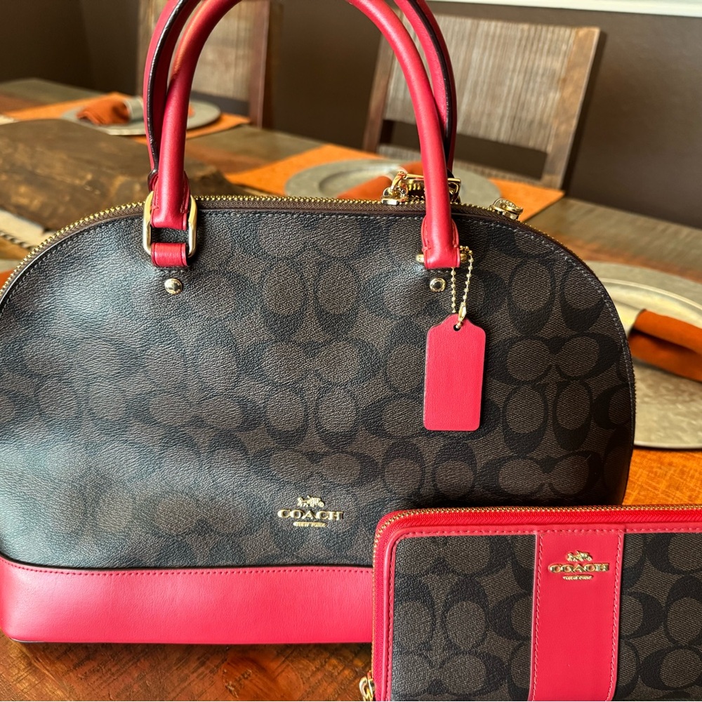 Coach Brown and Red Women's Bag with matching wallet